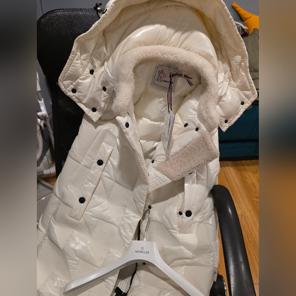 Moncler Cream Puffer Long Vest with Hood.